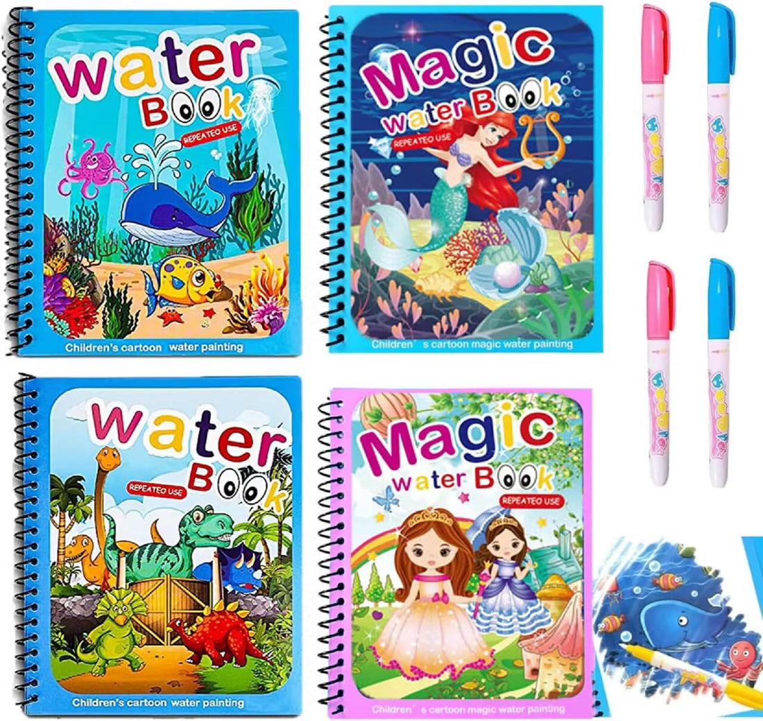 QXNDXQ Water Colouring Book Set, 4 Pack, Reusable Magic Colouring Books with 4 Water Pens for Children 3+