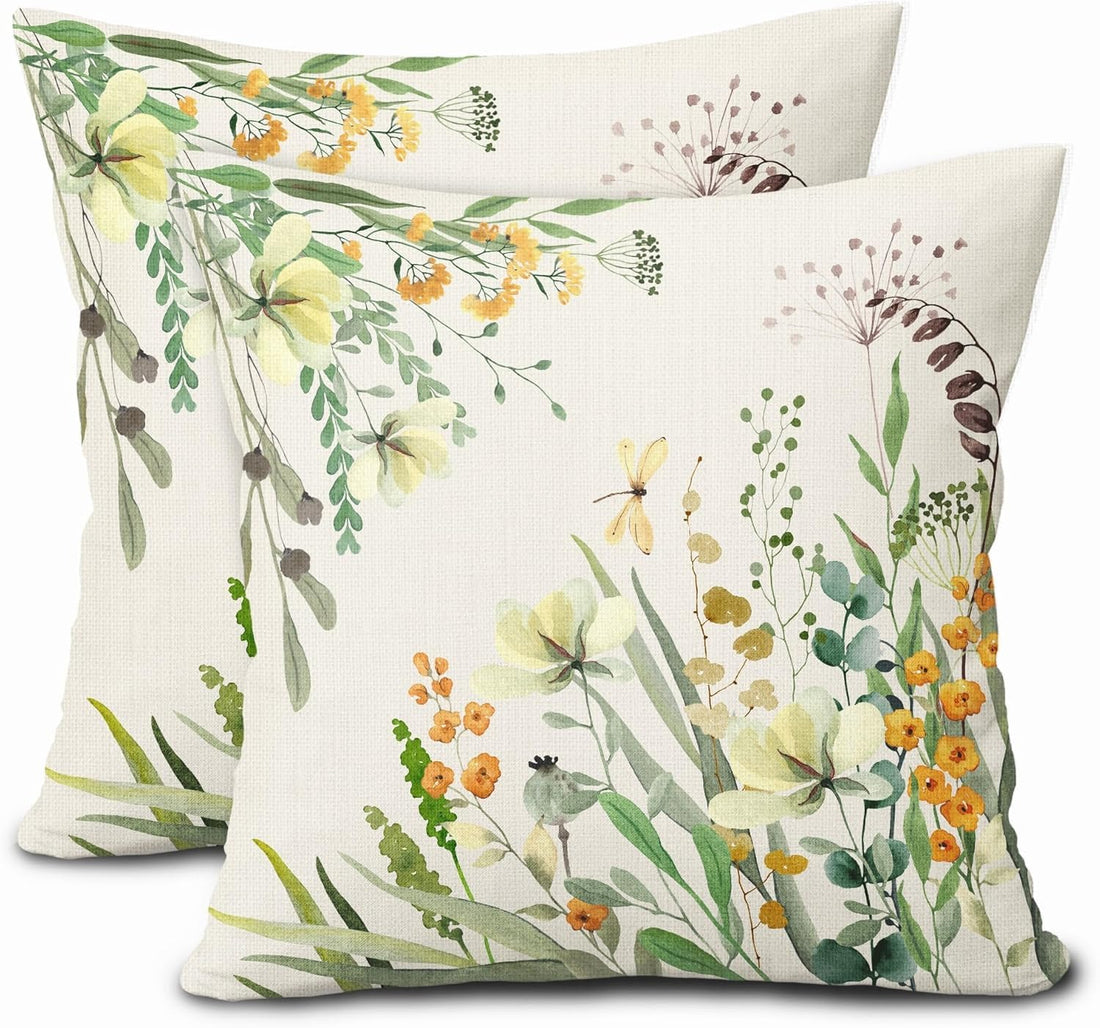 Spring Summer Pillow Covers 18X18 Inch Set of 2 Yellow Flowers Leaves Butterfly Decorative Pillow Cases Green Leaf Floral Cotton Linen Cushion Case Farmhouse Home Decor for Sofa Couch Porch Outdoor