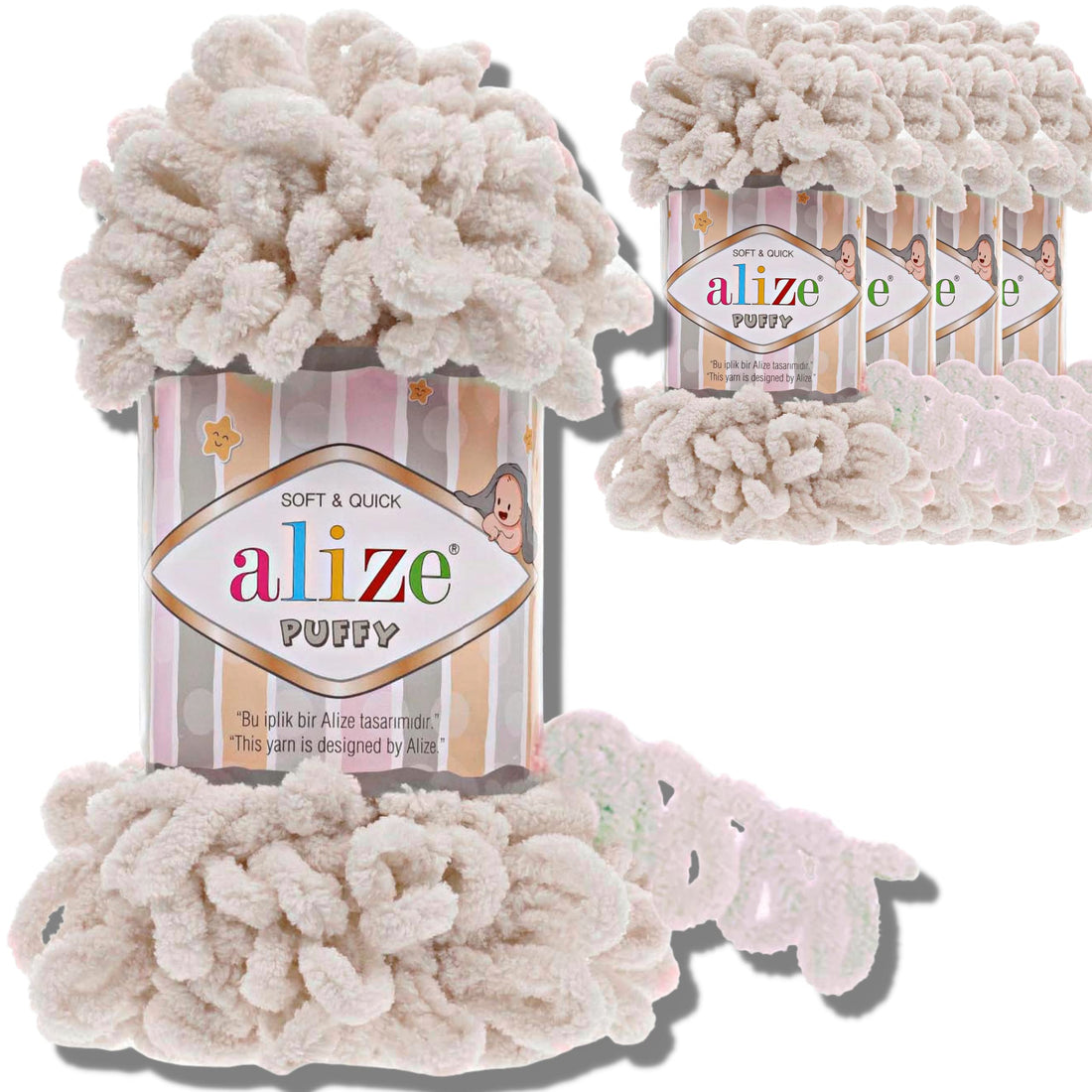 Hobby YARN Alize 5 x 100 g Puffy Turkish Wool Super Bulky Chenille Yarn Cuddly Soft Baby Wool Hand Knitting Yarn for Crocheting Soft Chenille Yarn XXL Ball for Amigurumi (Ivory 599)