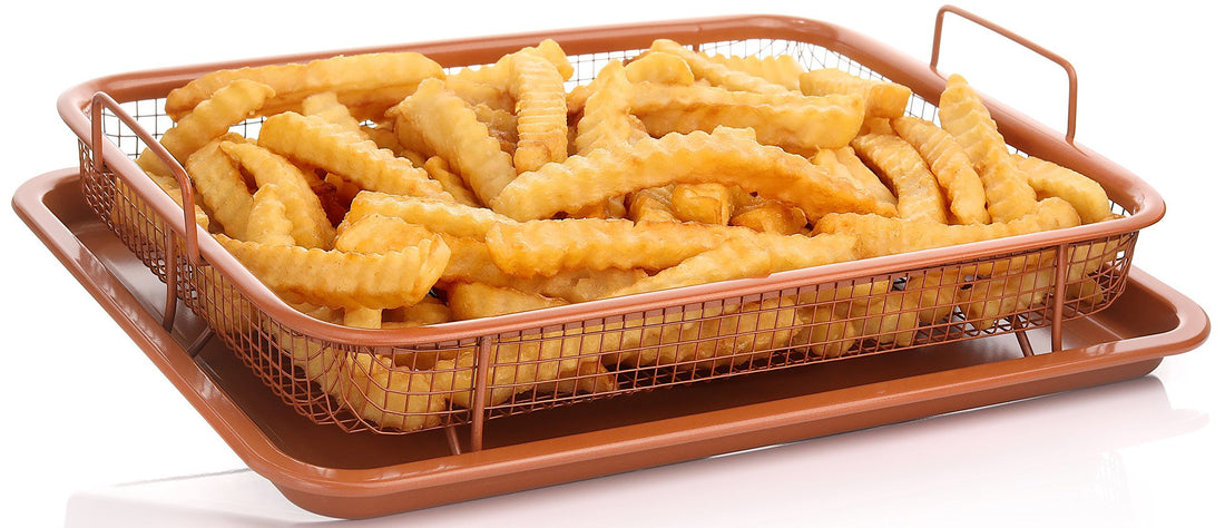 Willow & Everett Crisper Copper Baking Sheet Air Fryer - Deluxe Multi-Purpose Copper Crisper Chef Pan Sheet with Non Stick Mesh Grill Crisper Tray - Oven Safe Non-Stick Square Pan Design