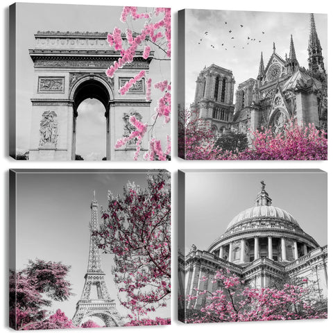 Black and White Eiffel Tower Wall Art Pink Paris Wall Decor Spring Flower Pictures Europe City Landscape Painting Poster Notre Dame Cathedral Canvas Prints for Living Room Home Decorations 12x12" 4Pcs