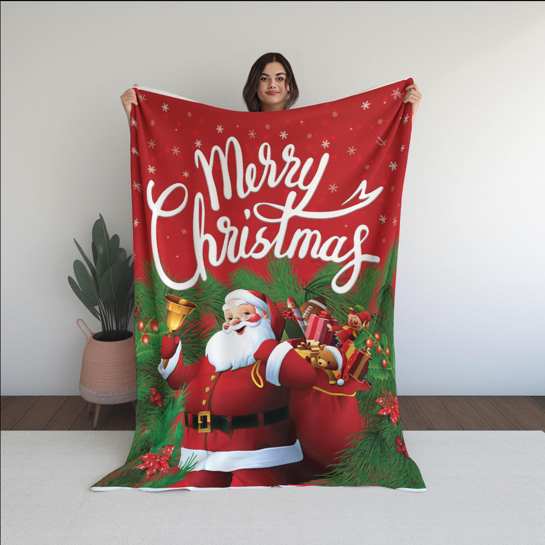 Merry Christmas Festive Throw Blanket - 120x160cm - Red with Santa Claus Print - Smooth Warm Material - Plush Fuzzy Cozy Warm Winter - Great for Cold Winter Nights - Perfect Gift
