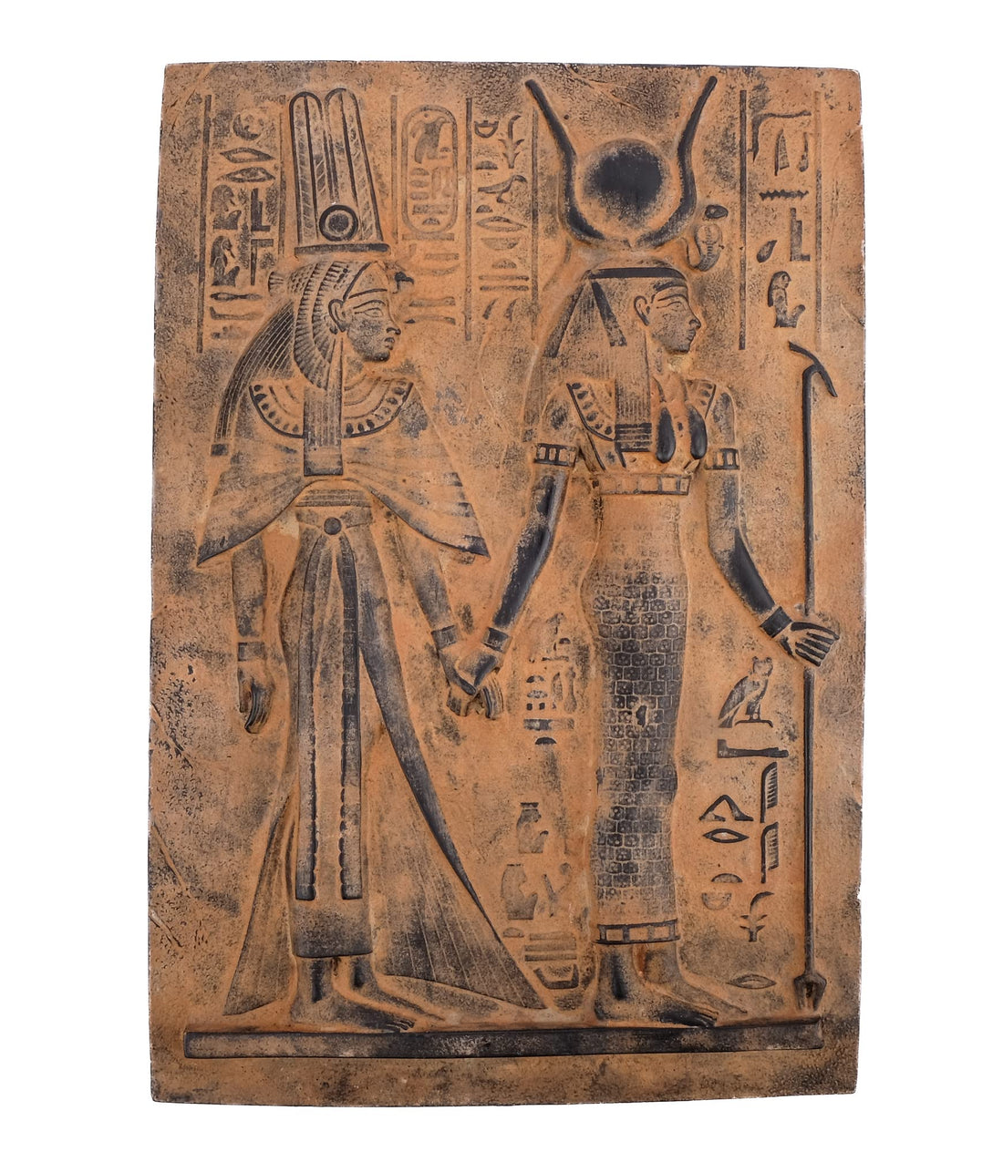 Ancient Egyptian Art Wall Relief Queen Nefertari being Led by Isis black heavy stone hand touching made in Egypt.
