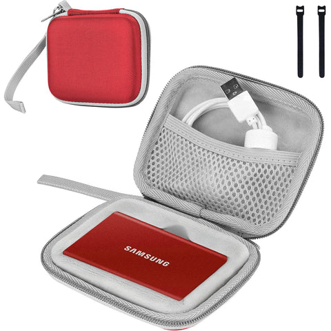ProCase Case for Samsung T7/T7 Touch Portable SSD, 2 Fasteners Protective Cover SM External Hard Drive 250GB, 500GB, 1TB and 2TB Shockproof with Close Net for Accessories-Red