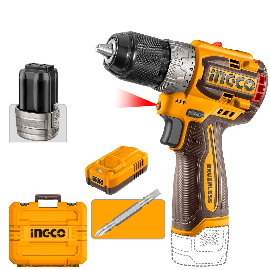 INGCO Cordless Drill, 16V Lithium-Ion, Brushless Motor, 60Nm Torque, 2-Speed, with 2x2.0Ah Batteries, Compact Design, CDLI16682