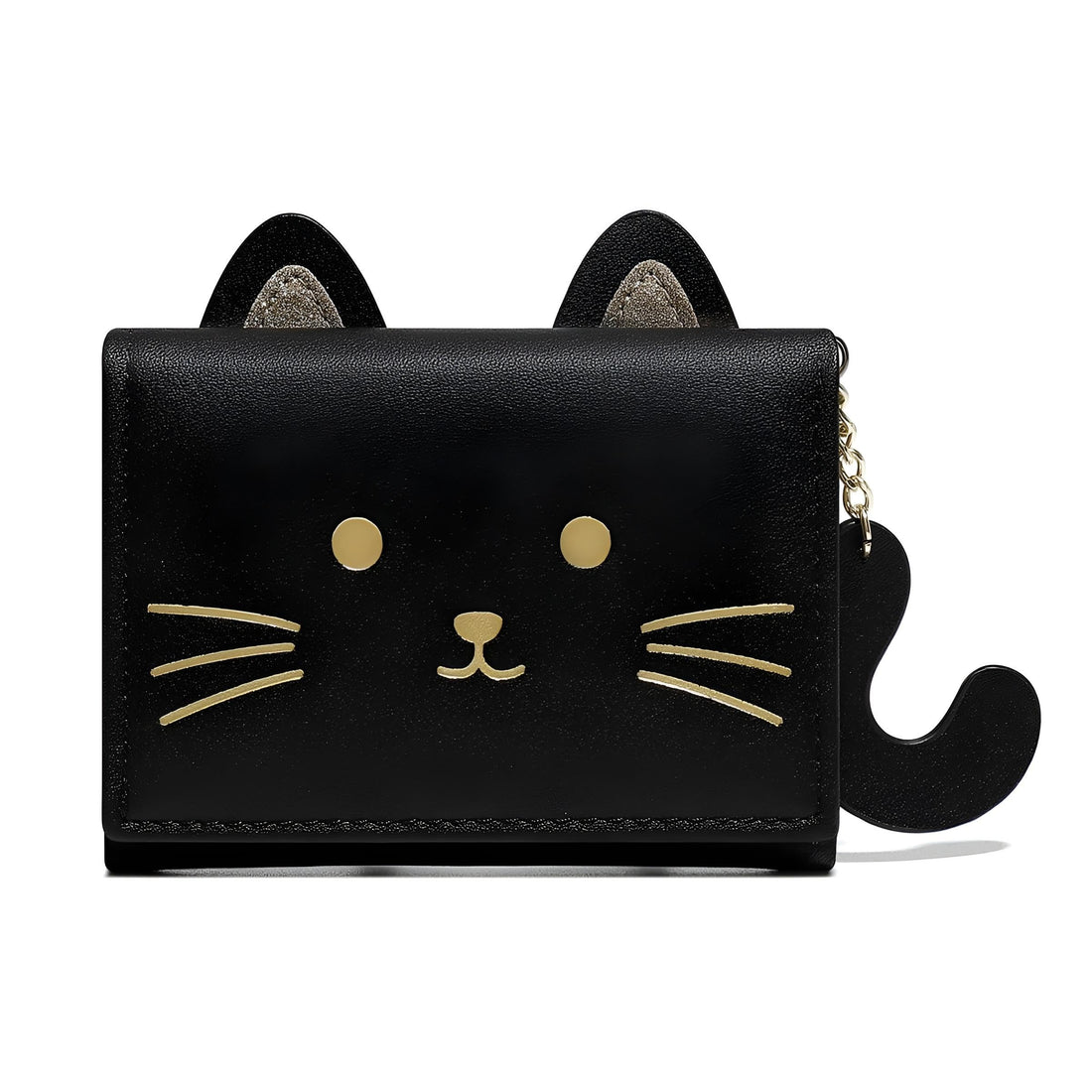 Cute Cat Card Case - Small black tri-fold wallet with 3D cat illustration and tail pendant, includes cash storage and multiple card holders (BLACK)