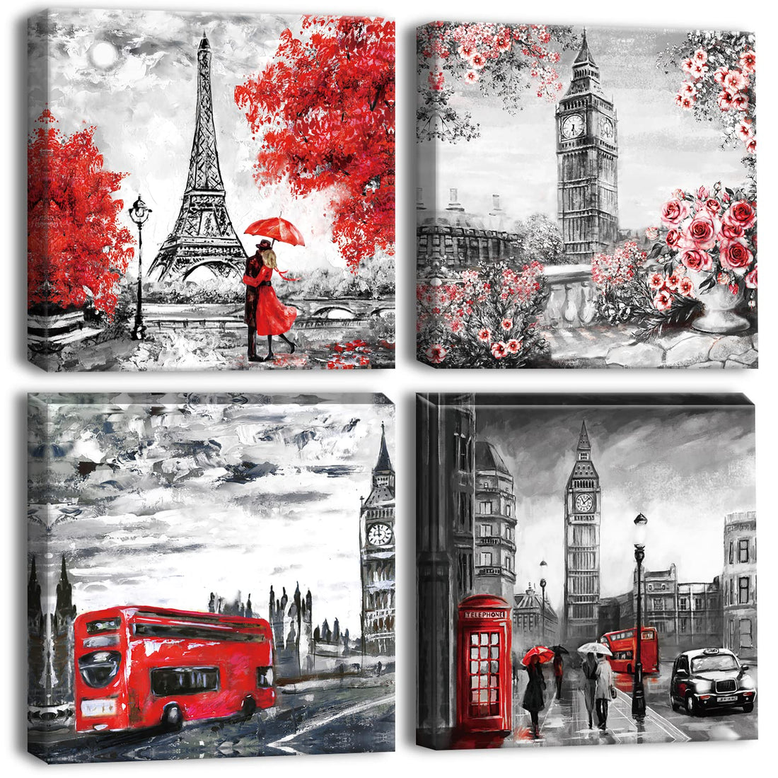 Artscope Big Ben Eiffel Tower Canvas Prints and Paintings 4 Pieces Canvas Wall Art Picture Photo Picture Beautiful Gift for Home Decor Restaurant Kitchen Anniversary Birthday Gift 30 x 30 cm