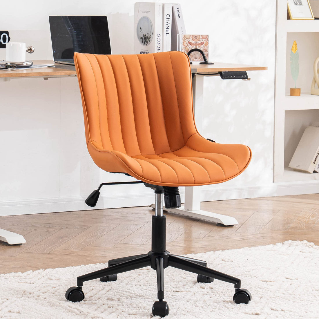 YOUNIKE Office Desk Chair - Swivel Height Adjustable, Upholstered Computer Chair with Wheels, Rocking High Back, Loads 300 lbs, Camel
