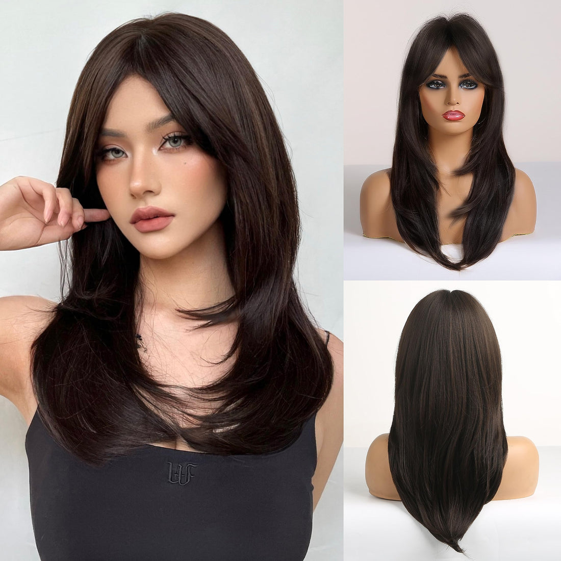 ECIF Long Brown Layered Synthetic Hair Wigs For Women