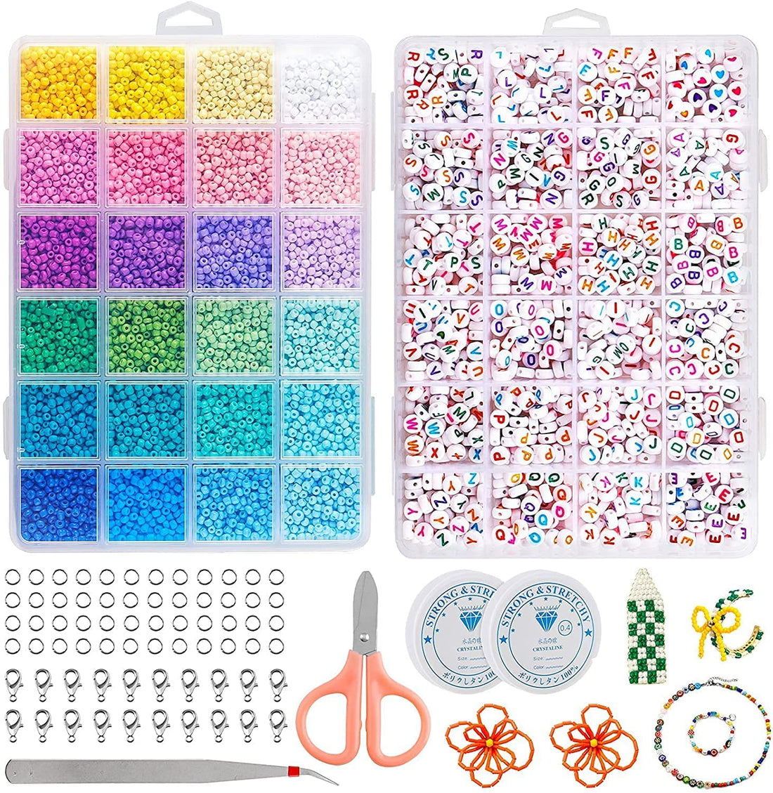 Beauenty Beads for Jewelry Making, 12000 Pcs 3mm Glass Seed Beads with 1200 Pcs Alphabet Letter Beads for Jewelry Bracelets Making and Crafts with Accessories DIY Material (12000PC)