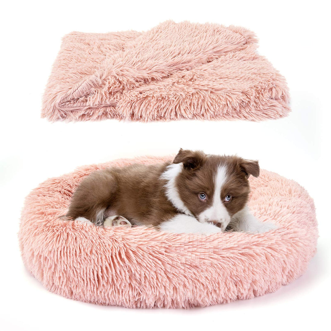 Moro Moro 3 Calming Dog Cat Donut Bed With Blanket, Medium Washable Dog Beds With Fluffy Round Cuddler Soft Plush, Anti Anxiety Dog Bed With Anti-Slip Bottom (Pink, Bed 24", Blanket 28"X 36")