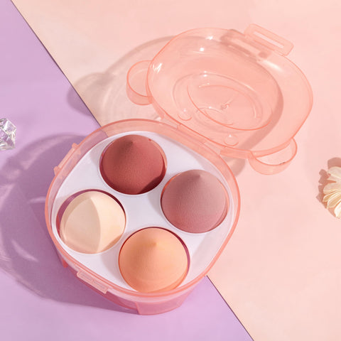 MAKEUP Sponge Set of 4 Assorted Colors in a Teddy Bear Storage Box, Soft and High Quality Material for Professional Mixing Perfect for Daily Use or Travel.