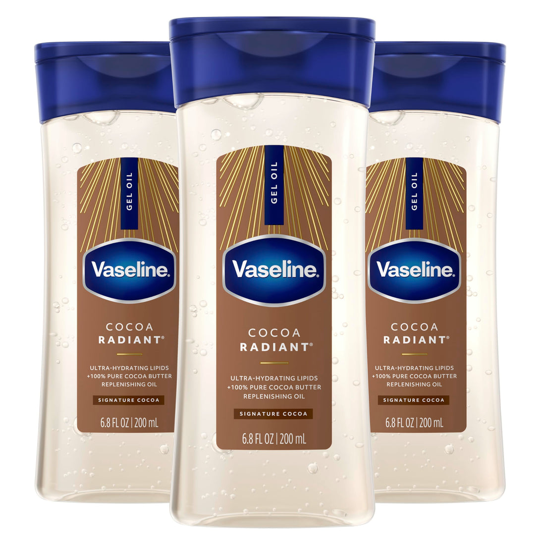 Vaseline Intensive Care Cocoa Radiant For Glowing Skin 3 Count Body Gel Oil Body Oil Made with 100% Pure Cocoa Butter + Replenishing Oils 6.8oz