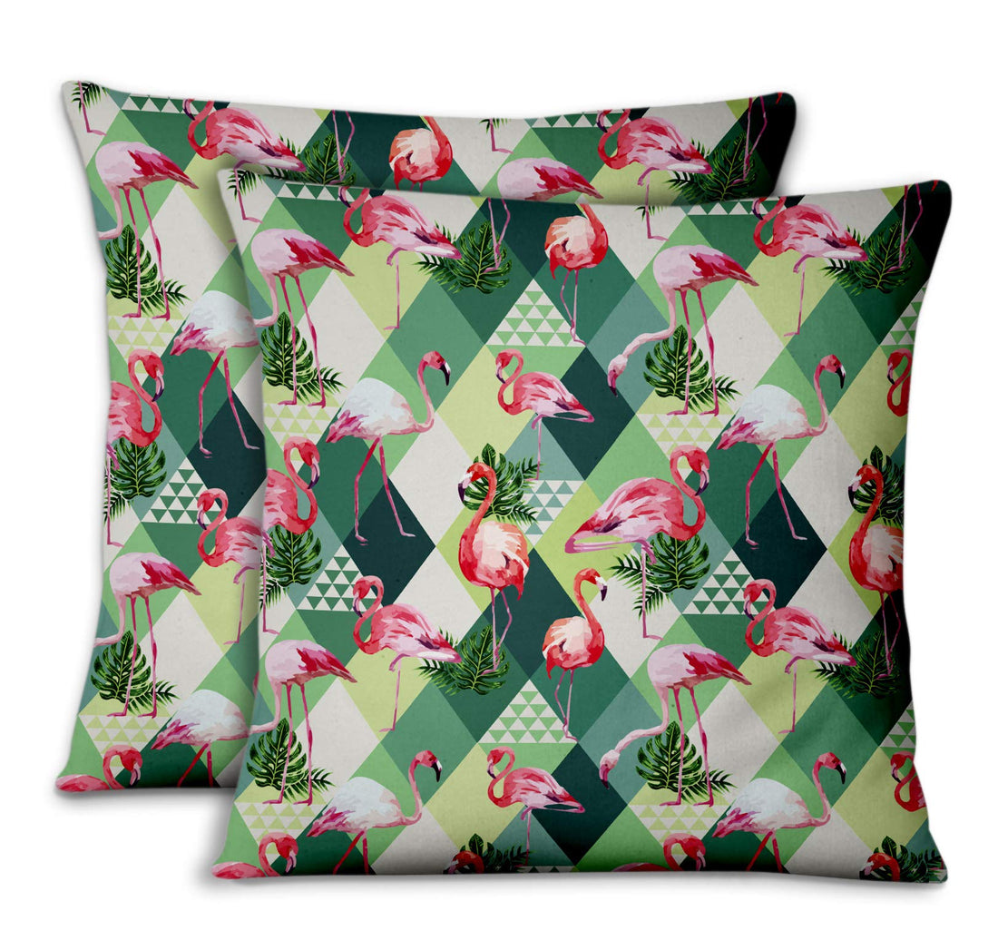 S4Sassy Green Cotton Poplin Flamingo Pillow Case Sofa Cushion Cover Sofa Waist Throw Home Decor 2Pcs-16 x 16 Inches