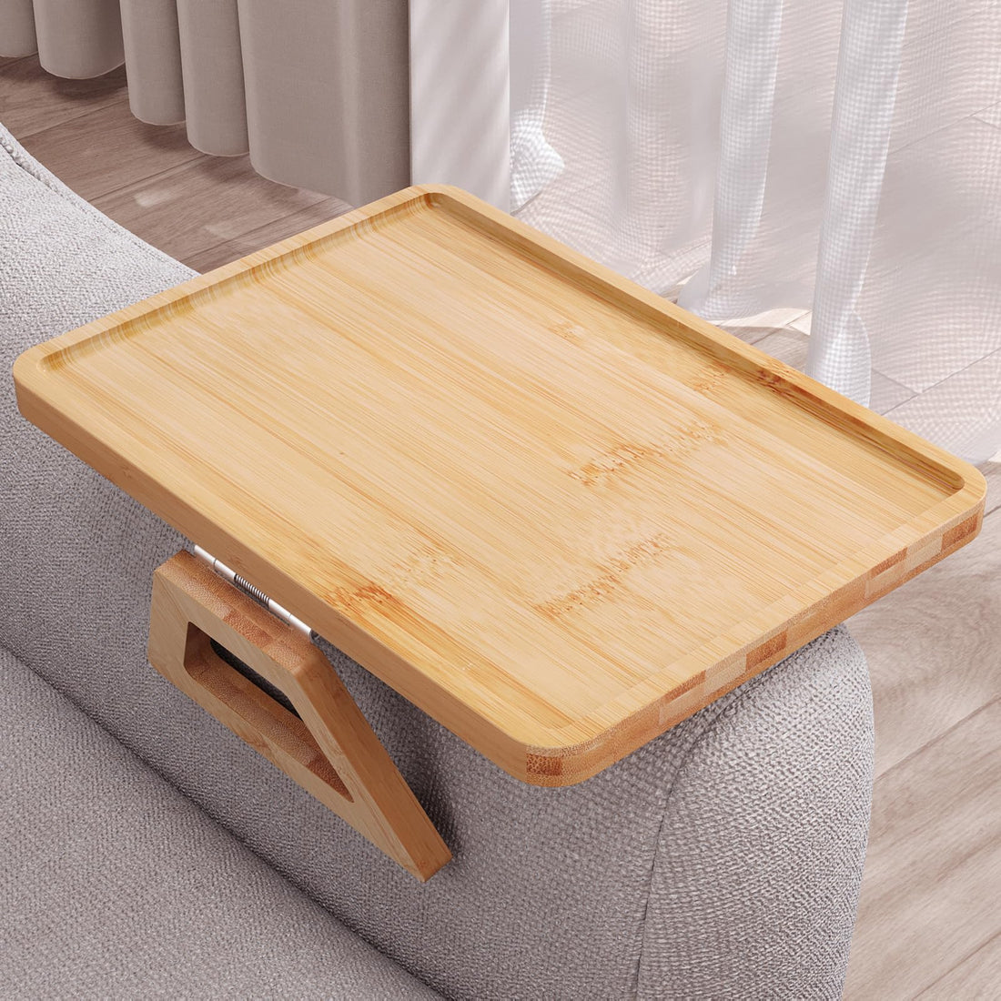 Bamboo Folding Sofa Tray, Sofa Armrest Tray Clip-On Couch Desk for Drinks, Snacks, Phone, Remote Control (Natural)
