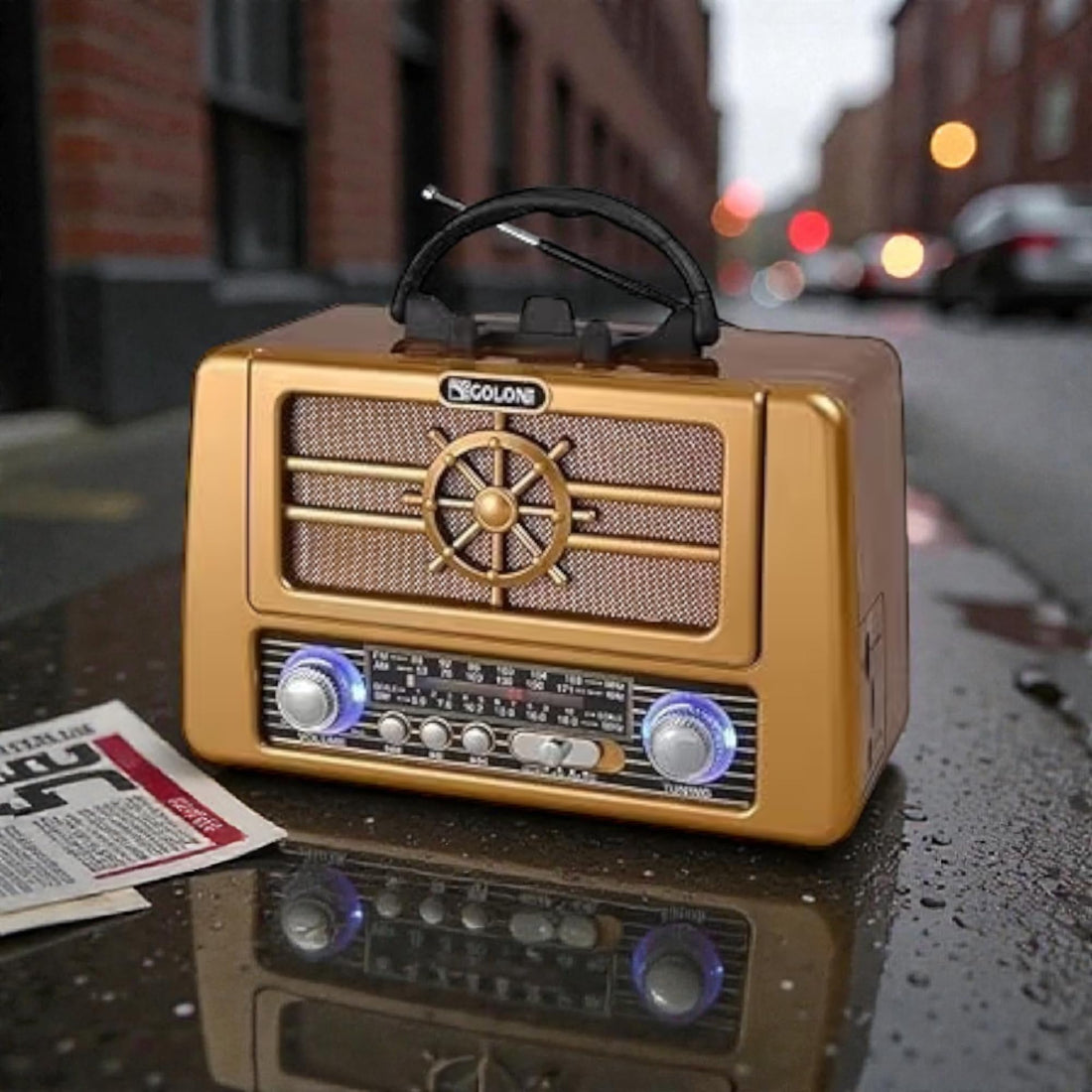 Portable Retro Radio, Bluetooth Speaker with FM/AM/SW Bands, USB Type-C Rechargeable, TF Card and USB Player, Model RX-8080BT, Gold