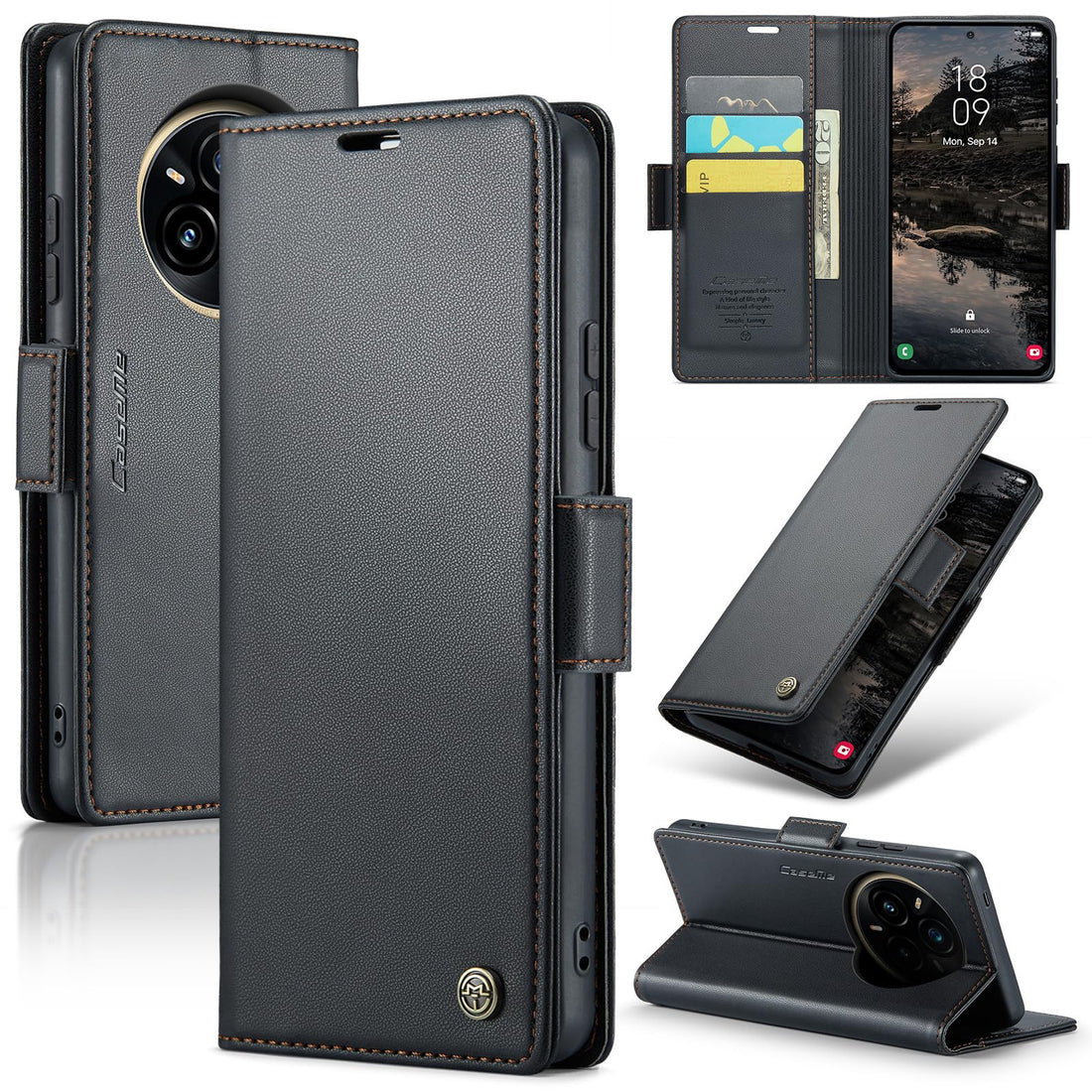 Phone Case Cover UNBLACK Luxury PU Leather Flip Cover 023 Card Slot Holder Cover Compatible with Realme 14 Pro Plus (Black)