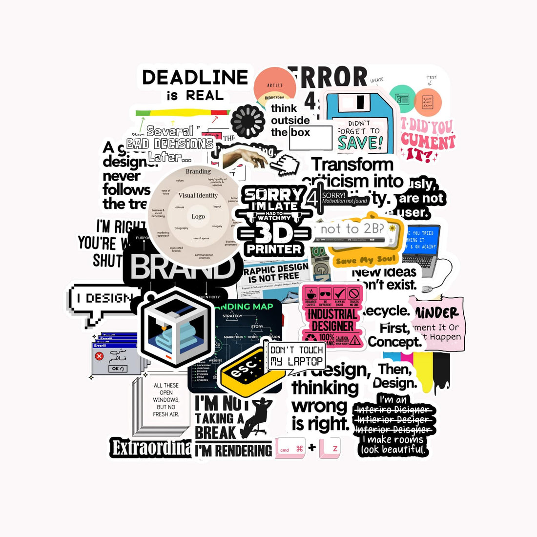 Scentiment 45 Pcs Graphic Designer Stickers Pack â€“ Aesthetic Design Quotes, Funny Creative Humor & Studio Tools Vinyl Decals â€“ Waterproof Stickers for Laptops, Tablets, iPads & Notebooks