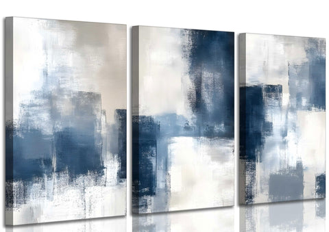 3 Pcs Navy Blue Abstract Canvas Wall Art Modern Minimalist Neutral Blue and Grey Paintings Pictures Wall Decor Poster Print Artwork for Living Room Bedroom Office Home Decoration