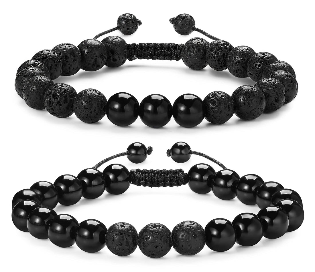 XIANNVXI Men Beaded Bracelet Natural Lava Rock Stone Beads Gemstone Obsidian Anxiety Bracelets Adjustable Aromatherapy Essential Oil Diffuser Bracelet for Men Women 2Pcs, 2 Count (Pack of 1), Stone