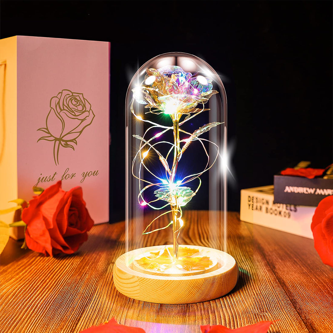 Beauty and The Beast Rose Lamp In the Glass Dome, Eternal Rose Artificial Flower with LED Light, Gift for Women Girl for Birthday Valentine's Day Christmas Wedding Anniversary (Gold, Wooden Base)