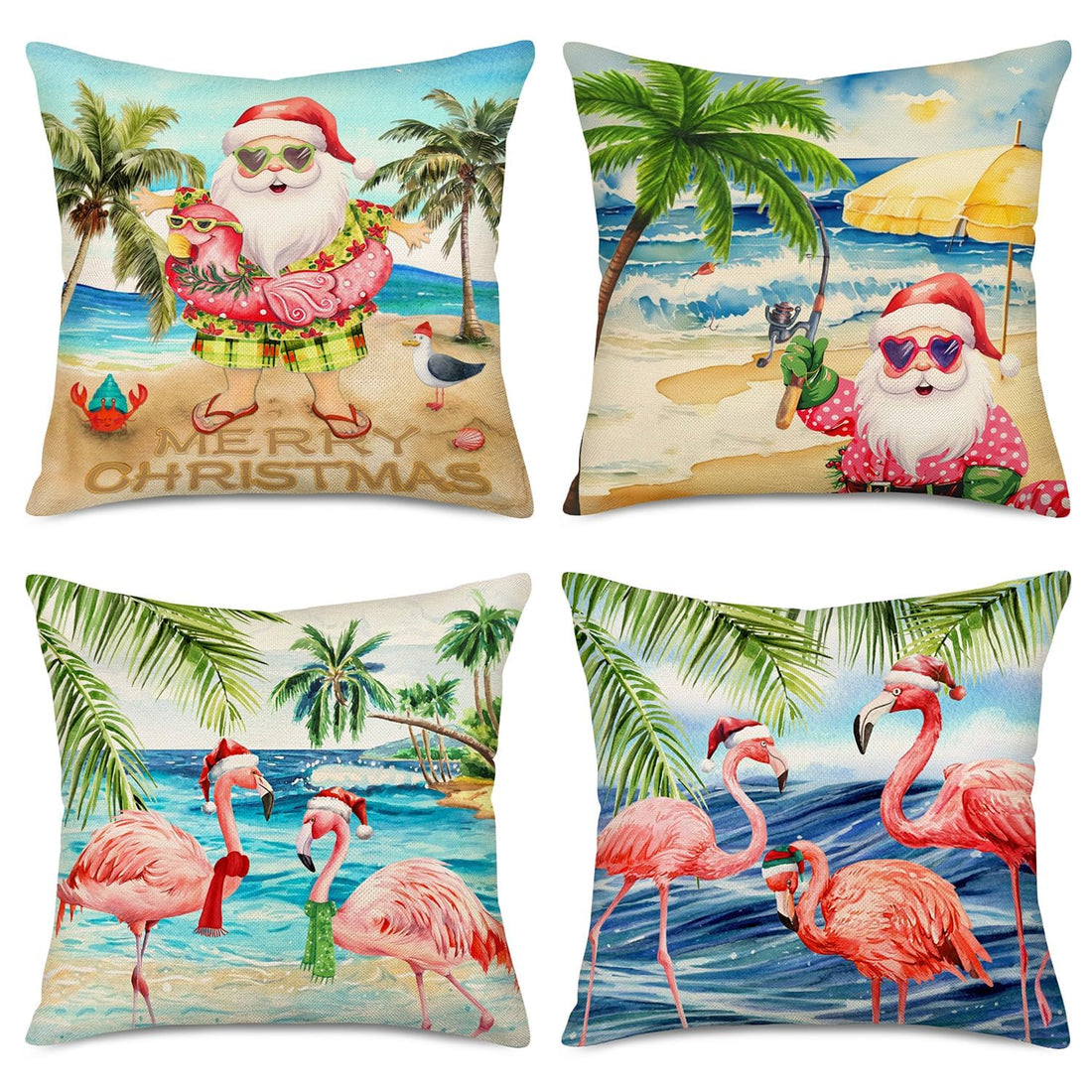 Pink Flamingo with Hat 4Pack Farmhouse Pillow Covers 18x18 Inch Cotton Linen Christmas Santa Decorative Pillow Cover Coastal Beach Greetings Pillow Case Outdoor Decor (P-C)