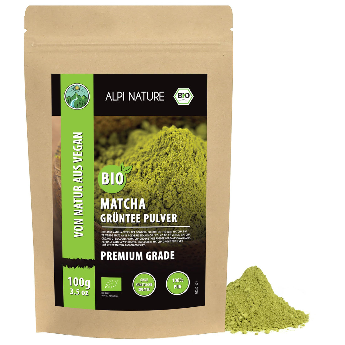 Organic Matcha Powder (100 g), Matcha Green Tea Premium Grade, Matcha Leaves Dried and Ground from Controlled Organic Cultivation, 100% Natural and Vegan, No Additives