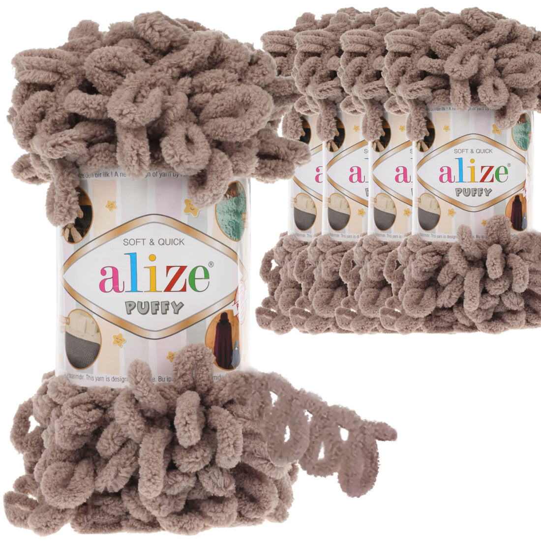 Hobby YARN Alize 5 x 100 g Puffy Turkish Wool Super Bulky Chenille Yarn Cuddly Soft Baby Wool Hand Knitting Yarn for Crocheting Soft Chenille Yarn XXL Ball for Amigurumi (Beige 530)