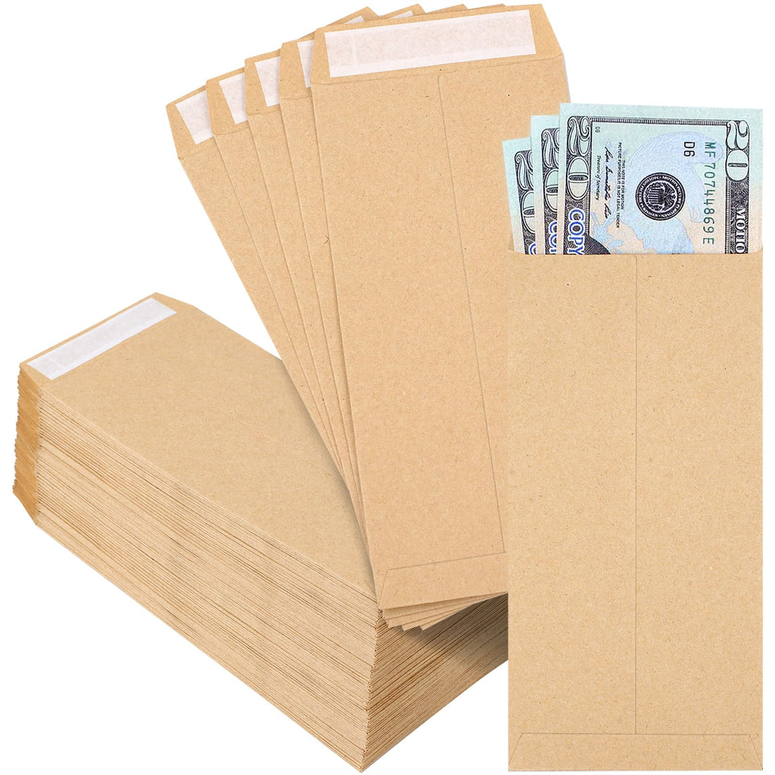 Joyberg 120 PCS Money Envelopes for Cash, Kraft Paper, 6.5”x3.2”, Self-Adhesive, Budget, Small Item Organizer