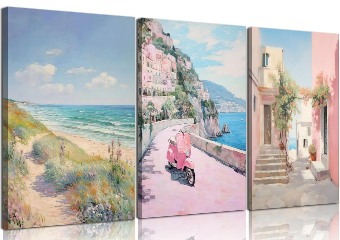 3Pcs Amalfi Coast Pastel Canvas Wall Art Trendy Pink Beach Preppy Painting Picture Wall Decor Aesthetic Italian Beachy Landscape Poster Print Artwork for Teen Girl Dorm Girls Room Home Decoration