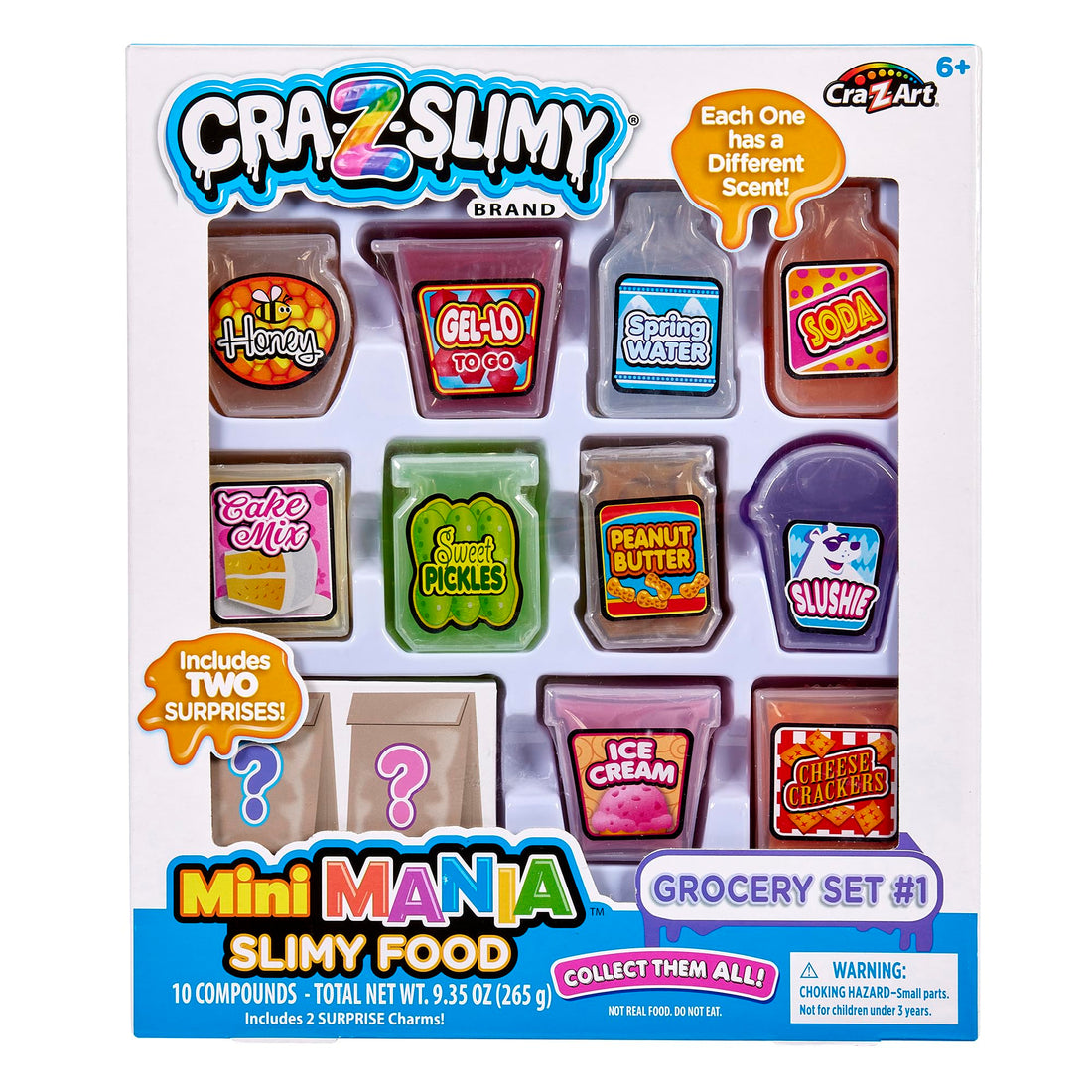 CRA-Z-Slimy Mini Mania Grocery Set – 10 Fun Food-Scented Slime Containers with 2 Surprise Toys – Swirl, Stretch, Smell – DIY Sensory Slime Play for Kids – Great Gift Idea