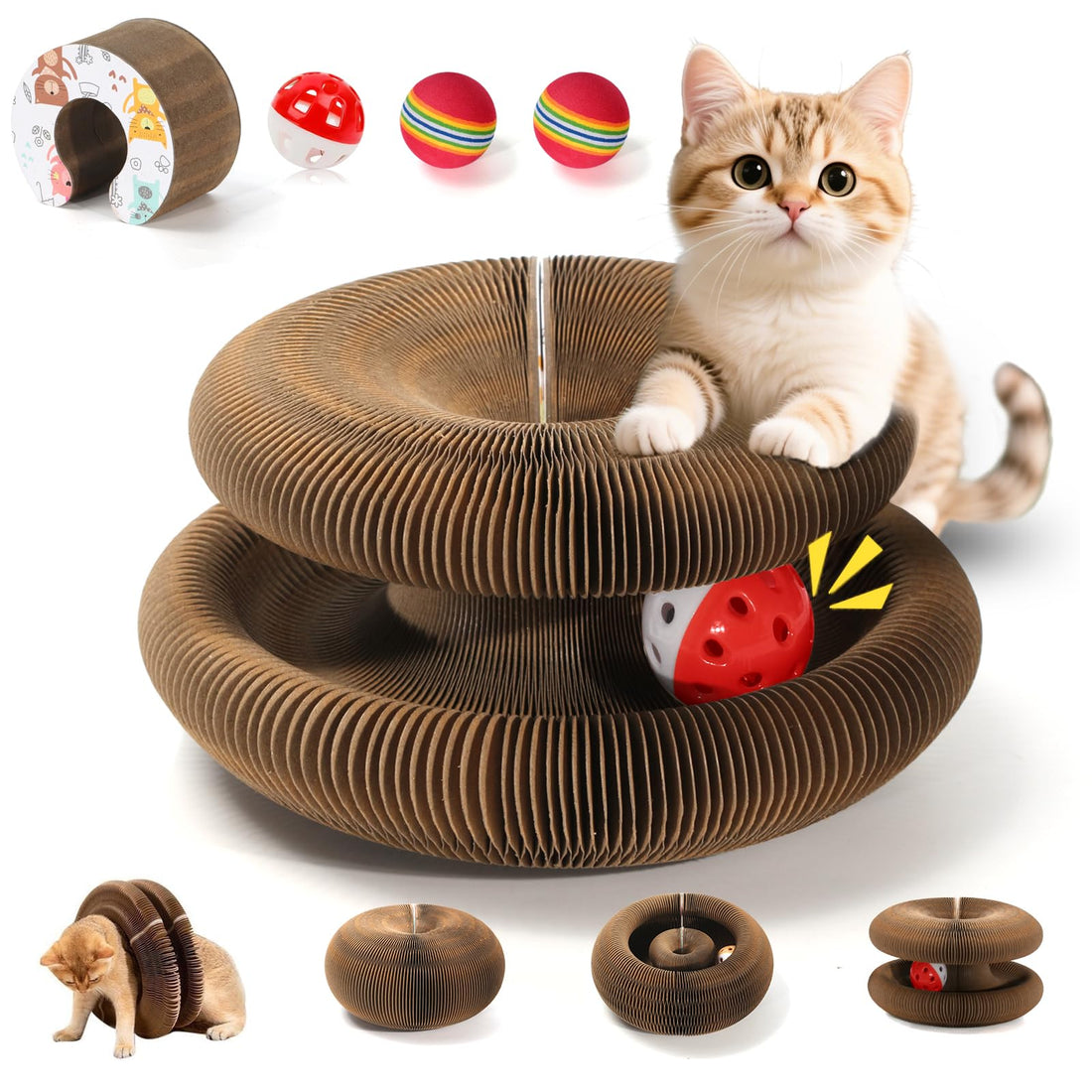 Magic Organ Cat Scratcher Board, Foldable Recyclable Accordion Cats Toy with Ball and Track Adventure, Cat Scratching Pad, Retractable Reversible Furniture Protector