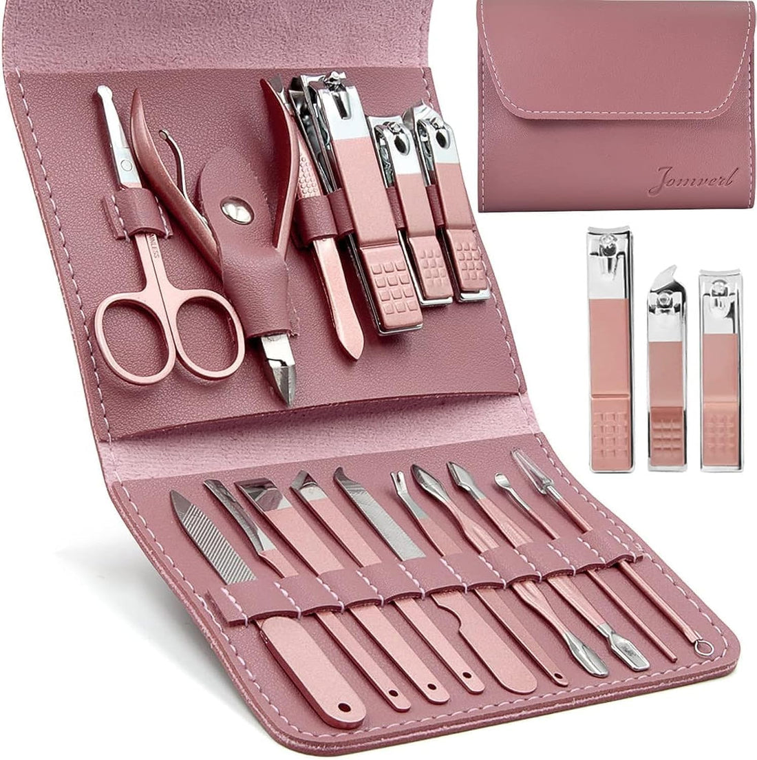 Jomverl Manicure Set, Professional Pedicure Kit Nail Clippers, 16 in 1 Travel Grooming Kit Nail Care Tools with Luxurious Leather Travel Case for Man and Women (Rose Gold)