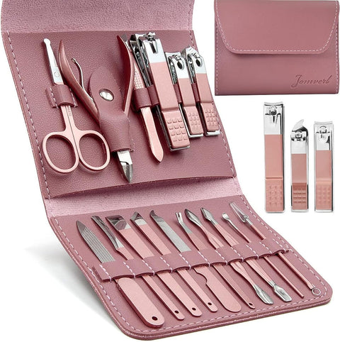 Jomverl Manicure Set, Professional Pedicure Kit Nail Clippers, 16 in 1 Travel Grooming Kit Nail Care Tools with Luxurious Leather Travel Case for Man and Women (Rose Gold)