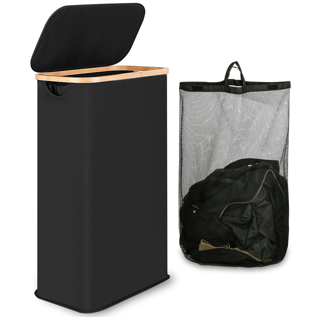 iEGrow Laundry Basket, 60L Washing Basket with Lid and Handle, Slim Foldable Laundry Hamper with Removable and Washable Inner Bag, Laundry Baskets for Bedroom Bathroom Laundry room (Black)