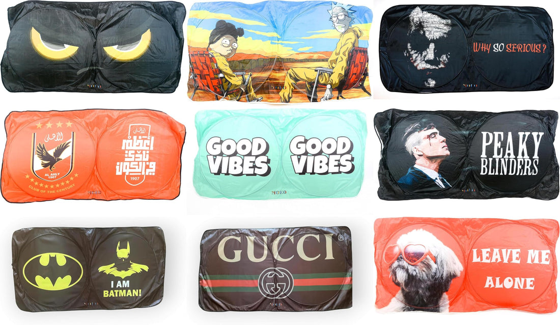 Printed sunshades for protection from the sun's rays for cars, trucks, and SUVs - various designs