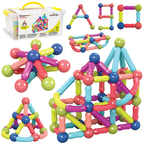 Magnetic Stick Building Block Stacking Construction Set Picasso Toys 100 Piece Magnet Blocks Bar Balls & Rods w/Storage Bin STEM Education Learning Kit 3D Puzzle Toy Kid Boy Girl Toddler PicassoTiles