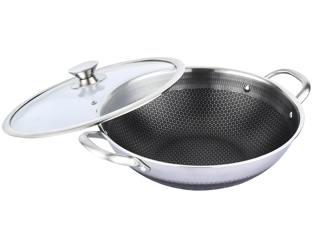 Stainless Steel Wok - 30cm Induction Compatible with Honeycomb Pattern, Anti-Stick & Scratch Resistant Exterior in Stylish Silver (30cm)