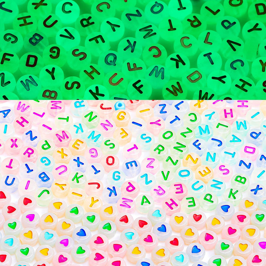KASTWAVE 100 PCS Luminous Alphabet Letter Beads, Acrylic Heart Beads Flat Beads Glow in the Dark Number Beads Colorful DIY Star Print for Bracelets Necklace Jewelry Making Supplies (Random English)