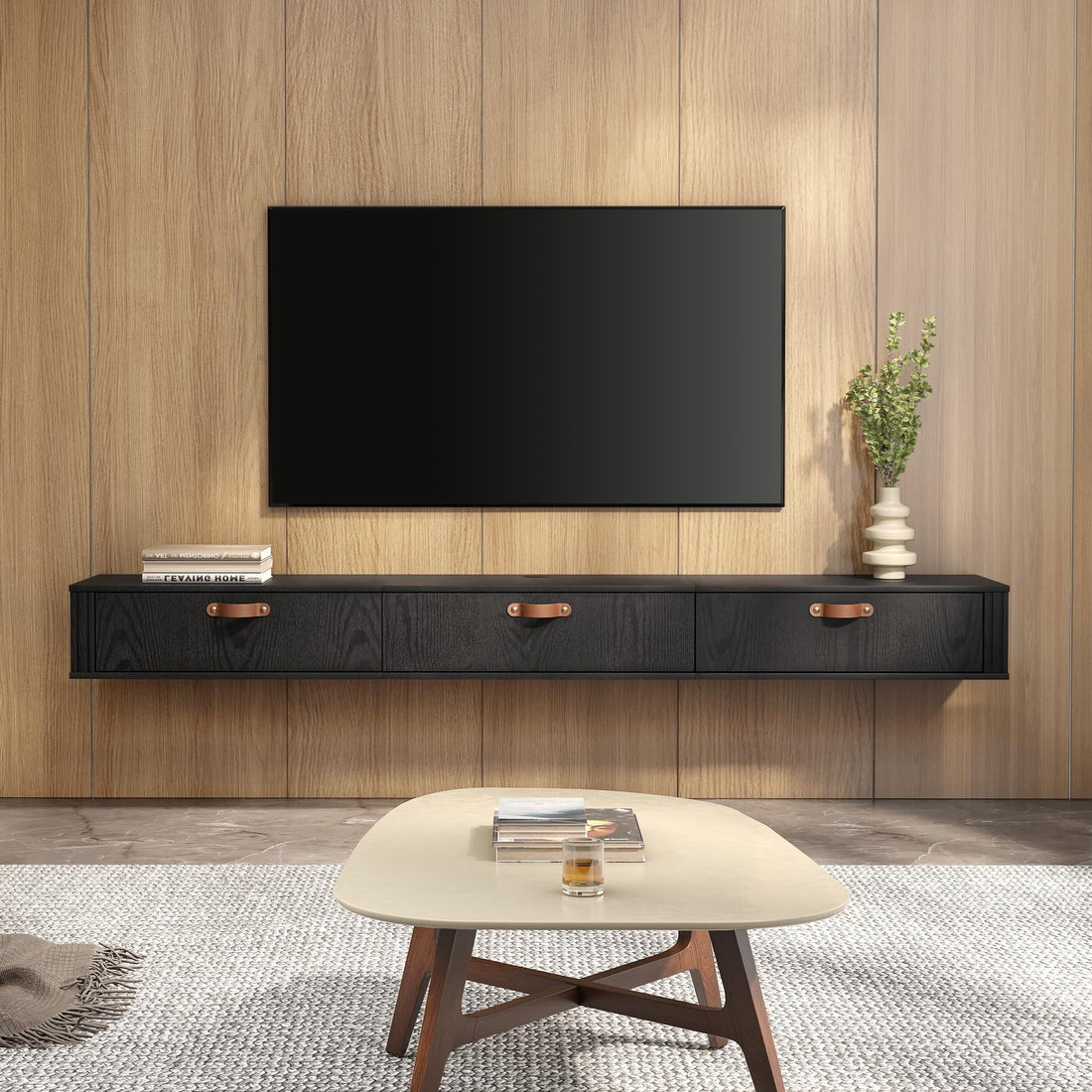 FITUEYES Black Floating TV Stand,70" Modern Media Console Entertainment Center with 3 Flip-Down Doors,Under TV Floating Cabinet Hutch Storage Desk for Living Room, Bedroom