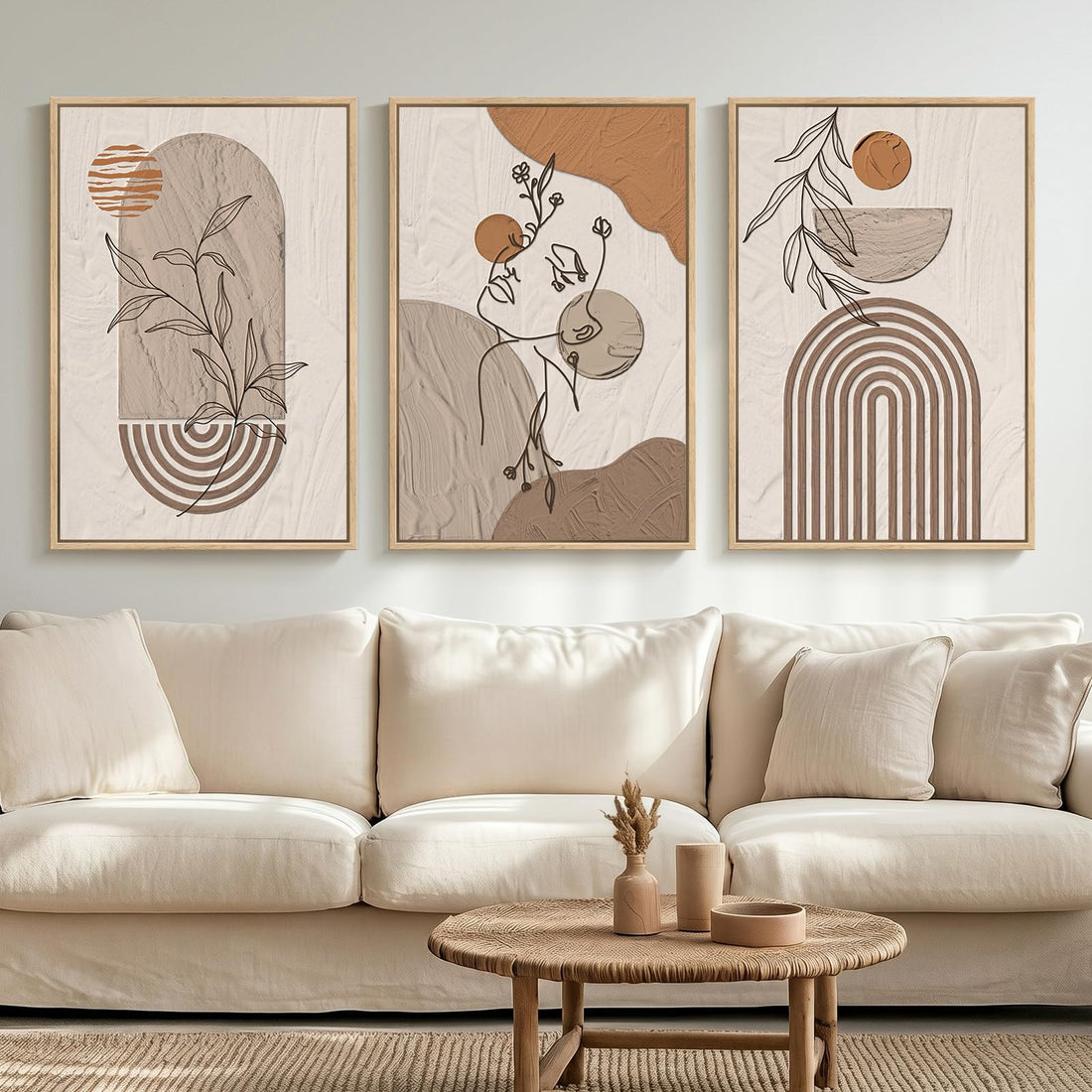 Large Framed Earth Tone Boho Abstract Wall Art for Living Room, 3 Piece Neutral Modern Paintings Prints Canvas Artwork for Walls, Bohemian Pictures Wall Decor for Bedroom Home Office, 20x30 Inch
