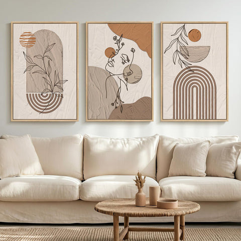Large Framed Earth Tone Boho Abstract Wall Art for Living Room, 3 Piece Neutral Modern Paintings Prints Canvas Artwork for Walls, Bohemian Pictures Wall Decor for Bedroom Home Office, 20x30 Inch