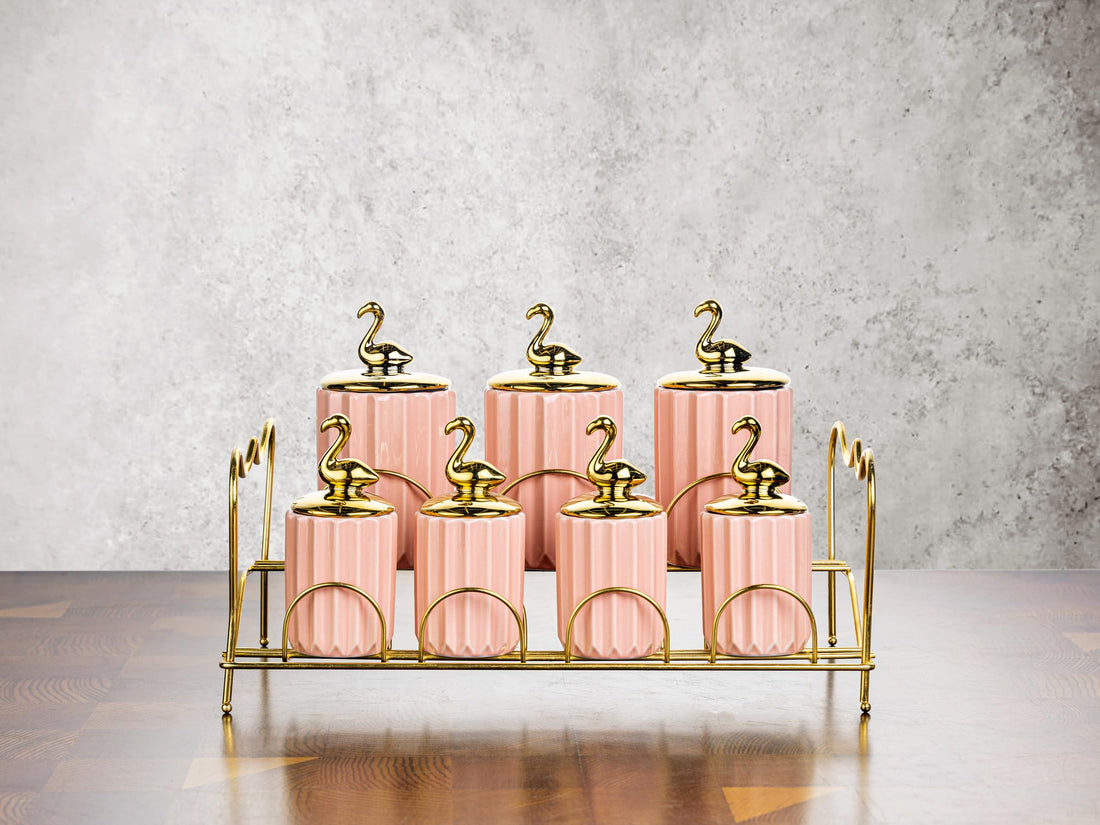 Lotus Porcelain Flamingo Spice Set 8 (4 Small Spice Pieces + 3 Large Pieces + 1 Piece Stainless Holder) 7013#4