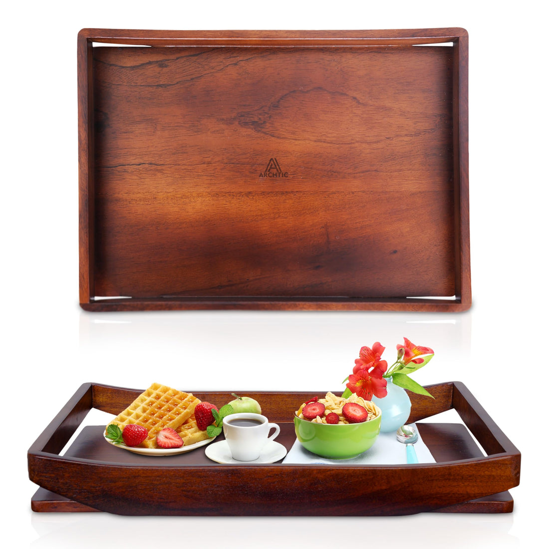 Wooden Tray for Serving - Premium Handcrafted Rectangular Wooden Tray, Ideal for Breakfast, Tea, Coffee, Snacks - Multipurpose Serveware Trays for Home & Office - Large (16x11x2)
