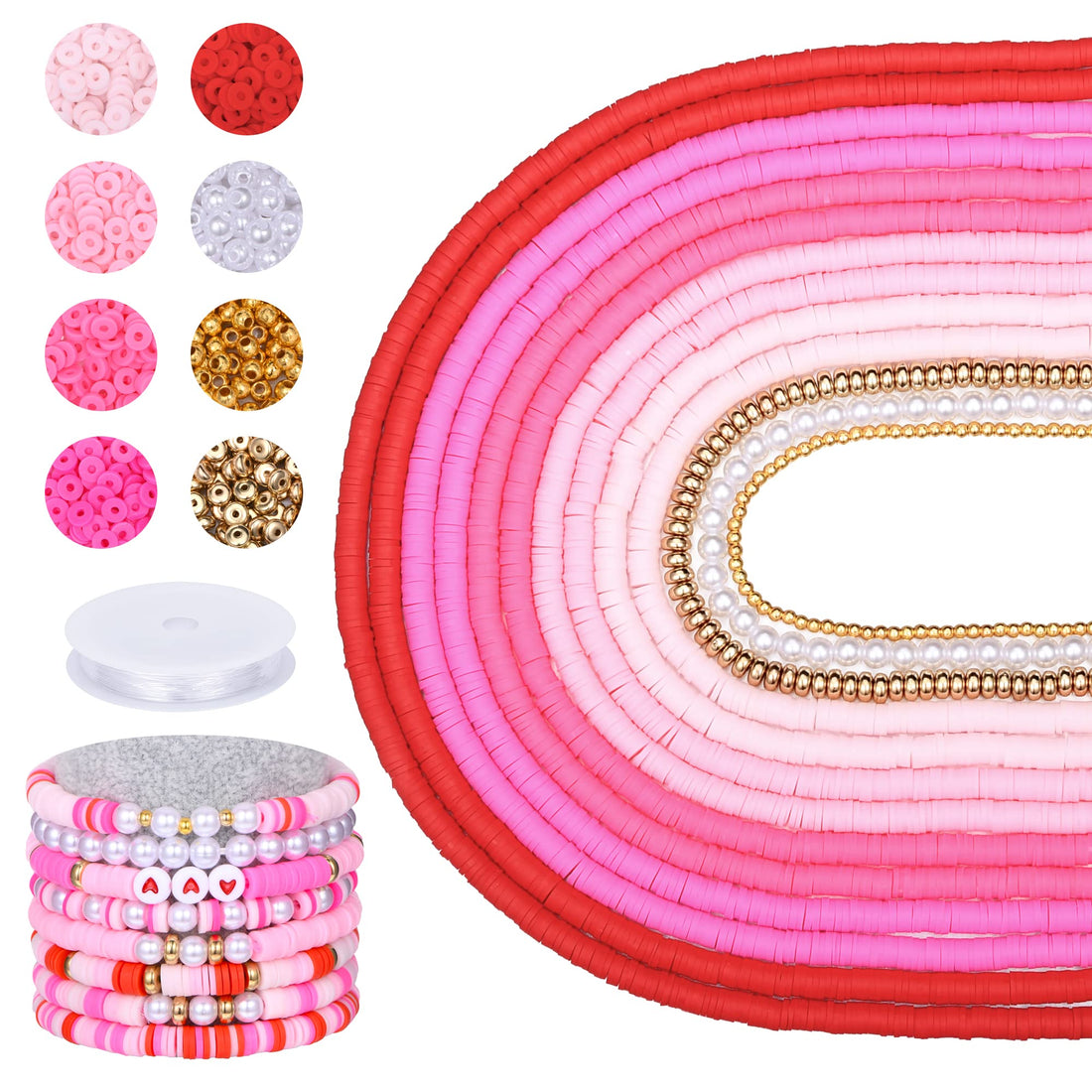 JAZZEEL Clay Beads Bracelet Making Kit 3750pcs Pink Mixed Polymer Heishi Beads with Pearls and Spacers for Jewelry Making DIY Necklaces Bracelets Earrings and Friendship Bands