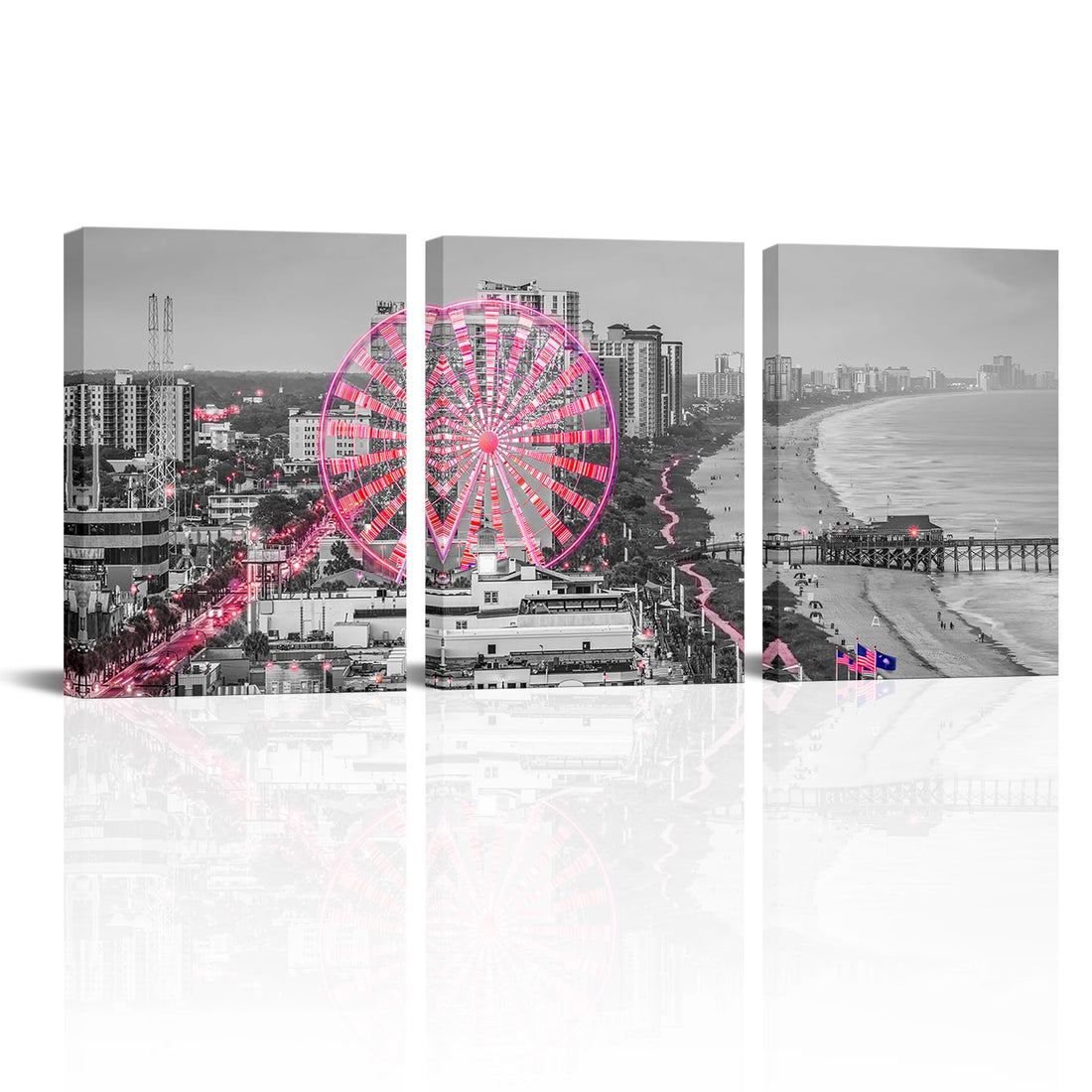 Sepwrol 3Pcs Myrtle Beach Canvas Wall Art, Grey and Pink Ferris Wheel South Carolina Cityscape Prints Canvas Wall Decor, 12"x16" Modern City Skyline Landscape Printing Artwork for Home Living Room