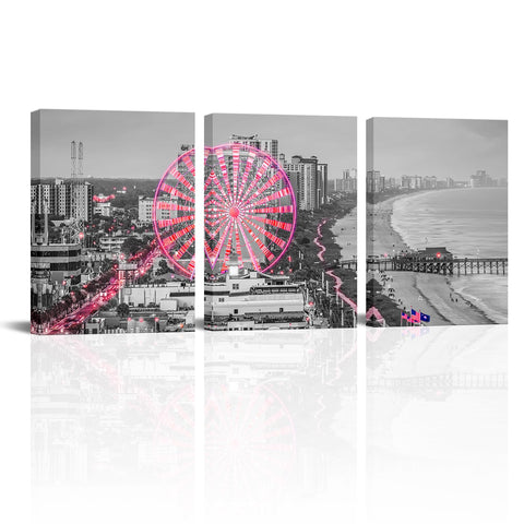 Sepwrol 3Pcs Myrtle Beach Canvas Wall Art, Grey and Pink Ferris Wheel South Carolina Cityscape Prints Canvas Wall Decor, 12"x16" Modern City Skyline Landscape Printing Artwork for Home Living Room