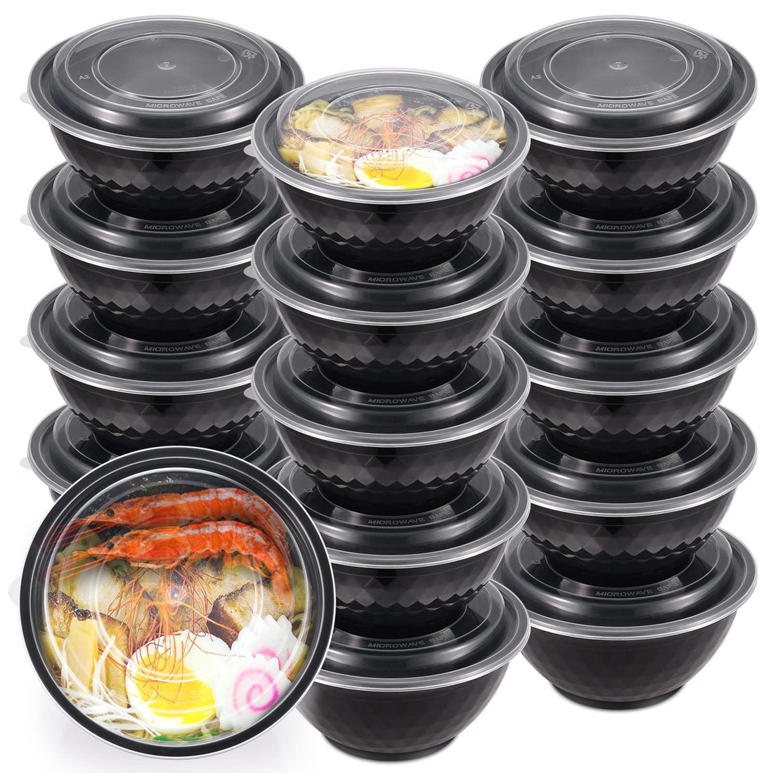 Kitch'nMore 30 Pack Extra Thick 1,020.6g Bowls with Clear Lids for Noodles, Poke, Salad, Soup, Freezer, Microwave and Dishwasher