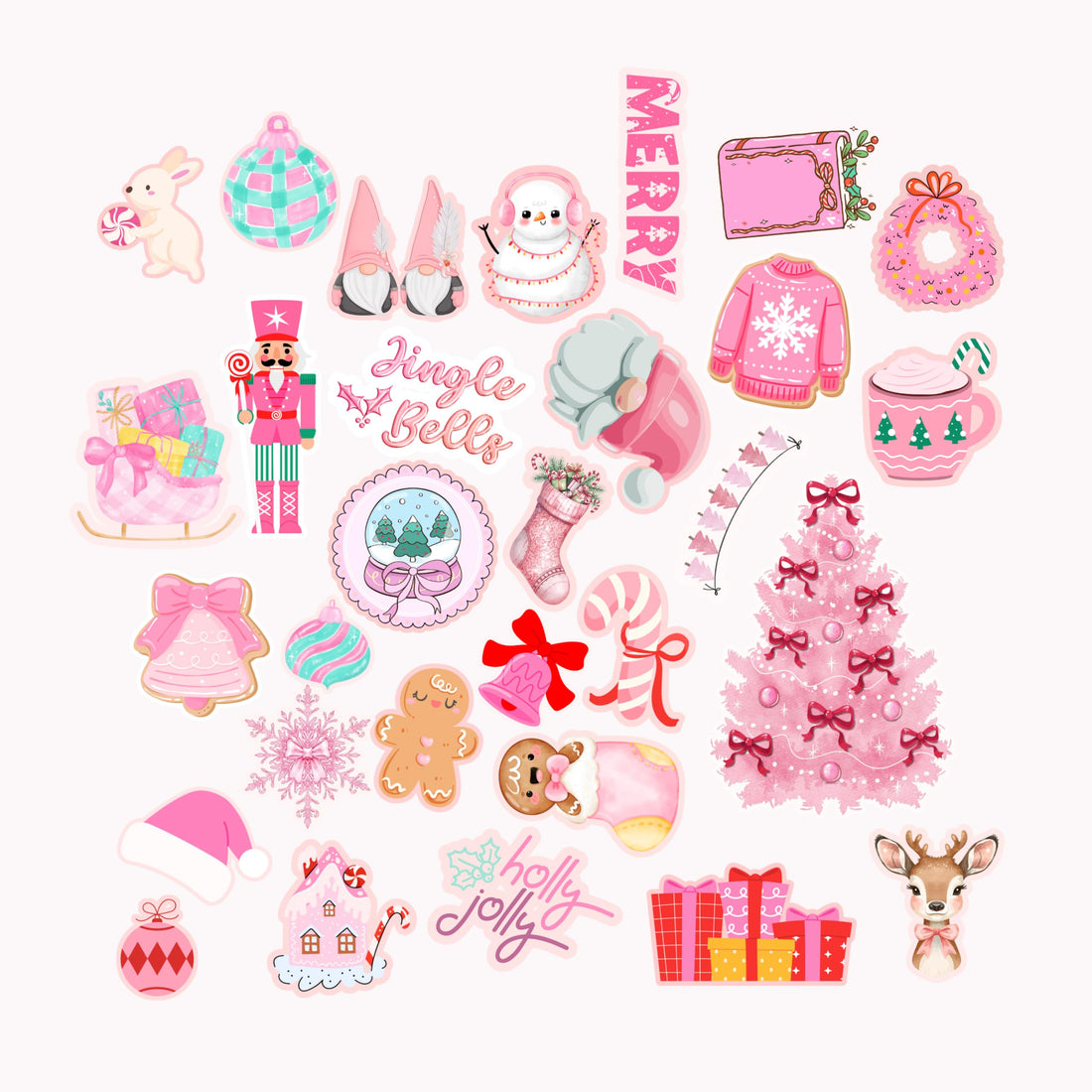 Scentiment 30 Pcs Pink Christmas Stickers â€“ Waterproof Holiday Decals with Santa, Tree, Cute Characters â€“ Removable Window & Decor for Kids Rooms, Living Rooms & Parties