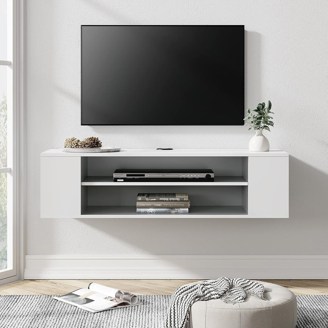 White Wooden TV Wall Mount TV Stand Under TV Wall Mount Storage Shelf Media Console Storage Rack for Living Room